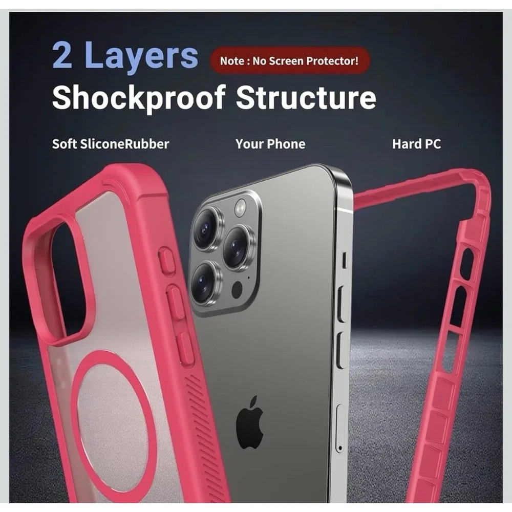 D0046-Shockproof Case for iPhone 15 Pro Max Pink Magnetic Translucent Dual Layer